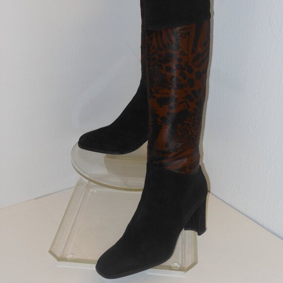 STUART WEITZMAN BLACK AND BROWN LEATHER & GENUINE FUR KNEE HIGH BOOTS SIZE 7.5 M - Picture 2 of 8